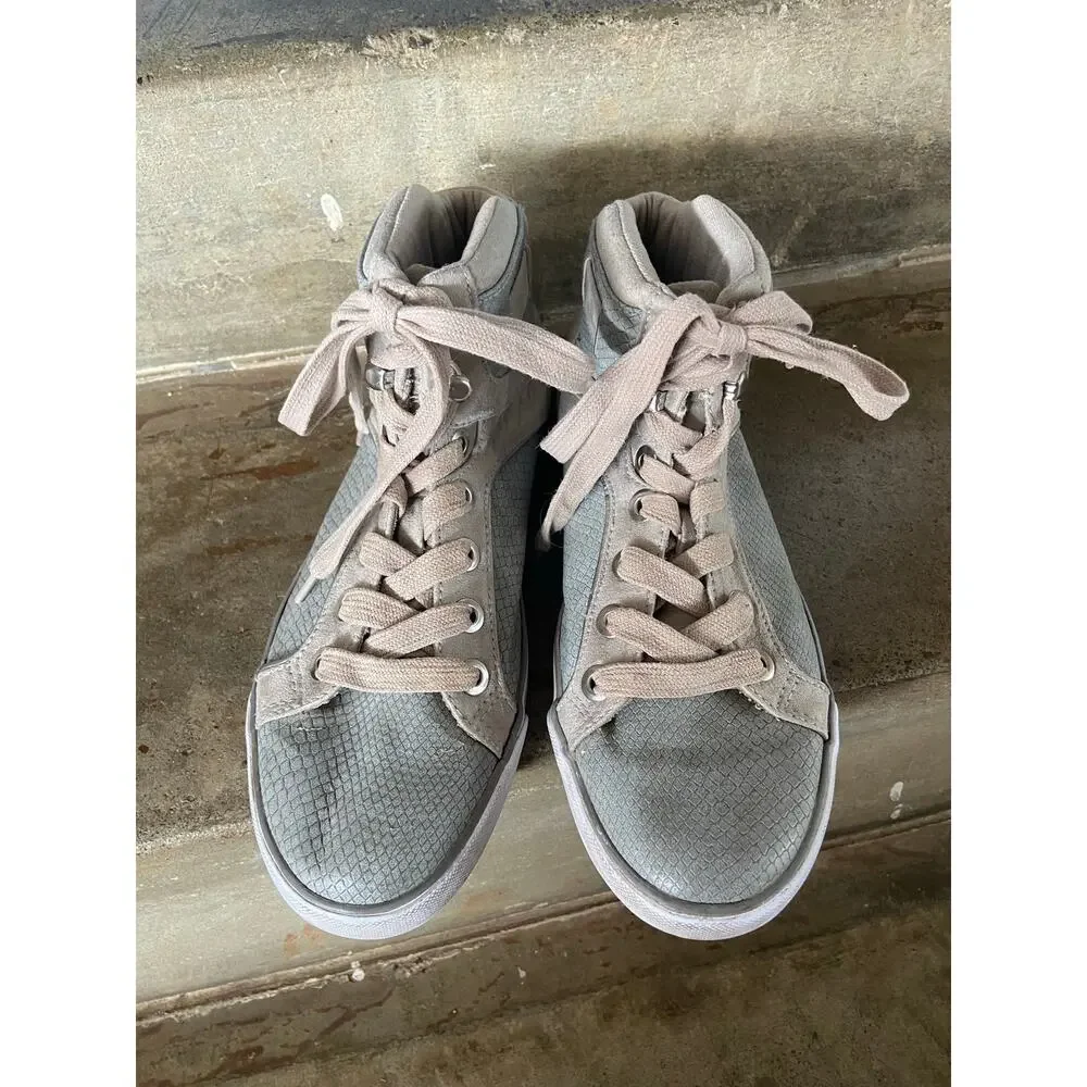 G by Guess Opall 12 mid-top 2 tone sneakers w/ faux-snakeskin pattern.